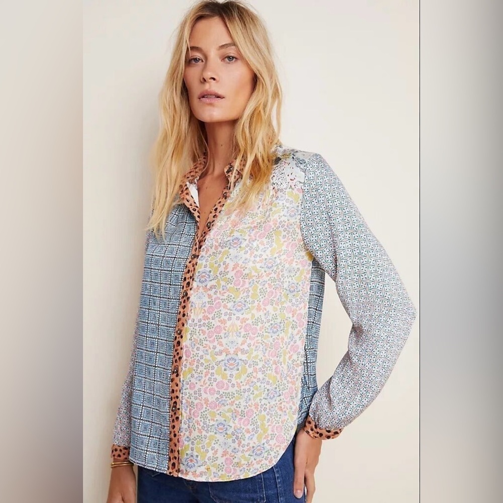 Patchwork Mixed-Print Button-Up Shirt - Blue/Pink